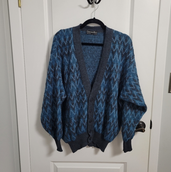 Vintage Sweaters - VINTAGE GIANCARLO RICCI Blue Alpaca & Wool Oversized Grandpa Cardigan Sweater